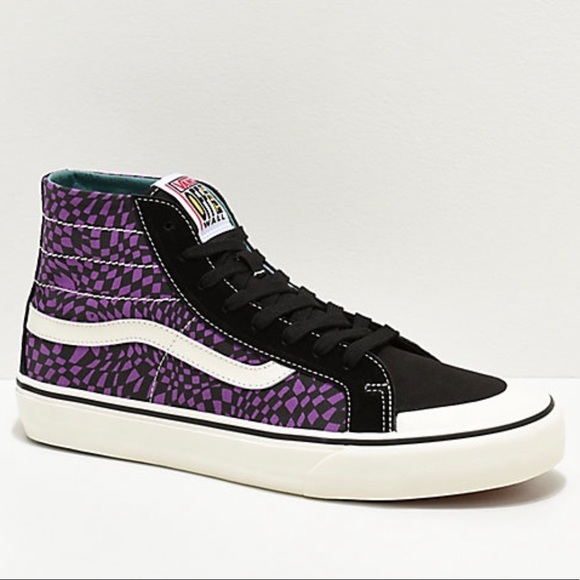 purple checkered high top vans